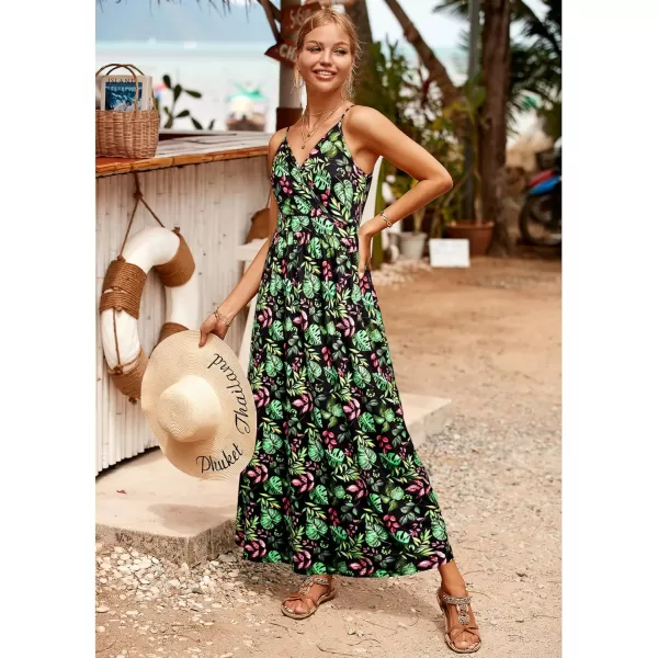 VOTEPRETTY Womens V Neck Wrap Spaghetti Strap Summer Casual Beach Floral Pockets Maxi Dress