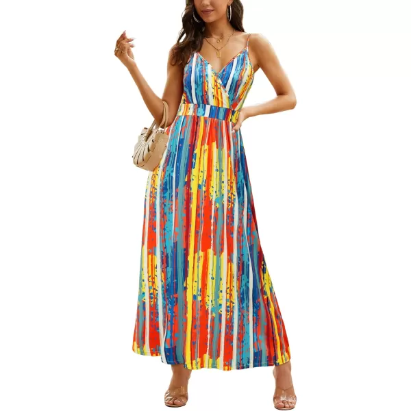 VOTEPRETTY Womens V Neck Wrap Spaghetti Strap Summer Casual Beach Floral Pockets Maxi Dress
