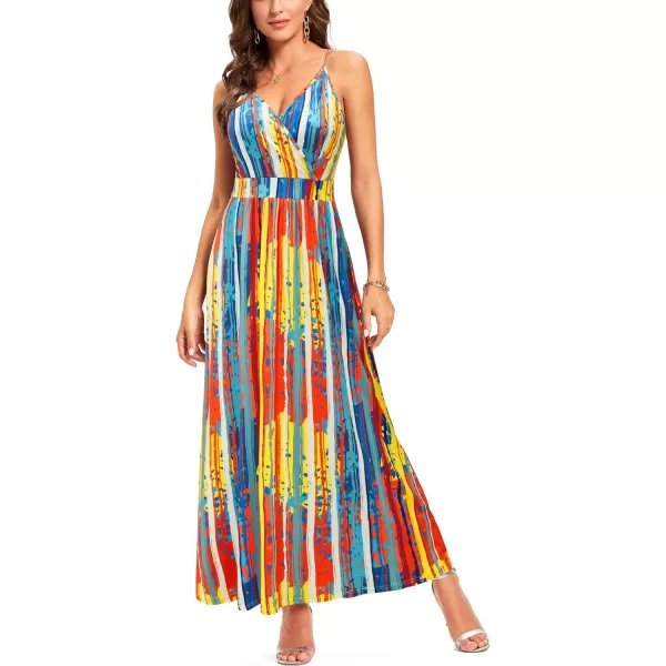 VOTEPRETTY Womens V Neck Wrap Spaghetti Strap Summer Casual Beach Floral Pockets Maxi Dress
