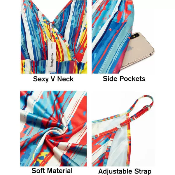VOTEPRETTY Womens V Neck Wrap Spaghetti Strap Summer Casual Beach Floral Pockets Maxi Dress