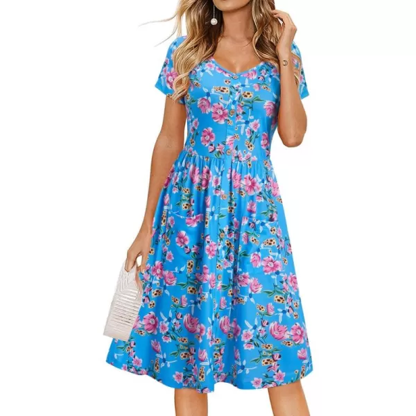 VOTEPRETTY Women's Short Sleeve V Neck Sundress Summer Casual Button Floral Dress with Pockets