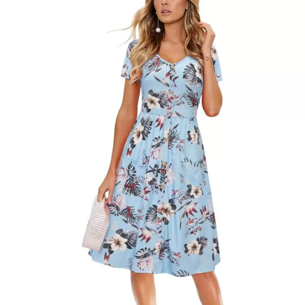 VOTEPRETTY Women's Short Sleeve V Neck Sundress Summer Casual Button Floral Dress with Pockets