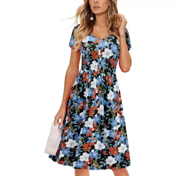 VOTEPRETTY Women's Short Sleeve V Neck Sundress Summer Casual Button Floral Dress with Pockets
