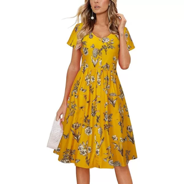 VOTEPRETTY Women's Short Sleeve V Neck Sundress Summer Casual Button Floral Dress with Pockets