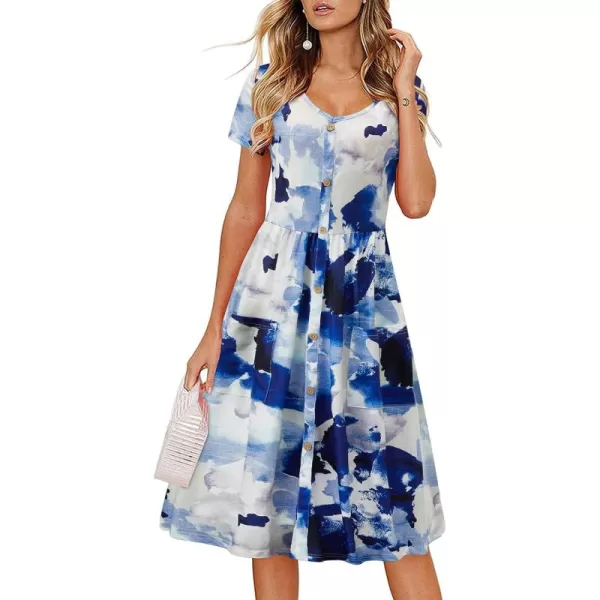 VOTEPRETTY Women's Short Sleeve V Neck Sundress Summer Casual Button Floral Dress with Pockets