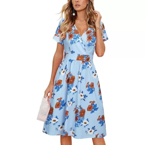 VOTEPRETTY Women's Short Sleeve V Neck Wrap Dress Summer Casual Floral Sundress with Pockets