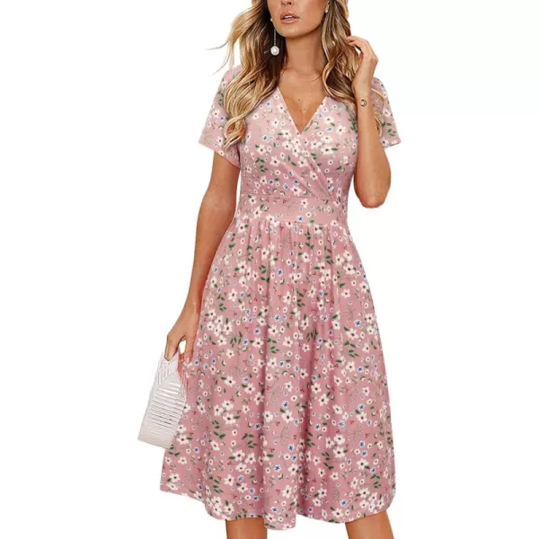 VOTEPRETTY Women's Short Sleeve V Neck Wrap Dress Summer Casual Floral Sundress with Pockets