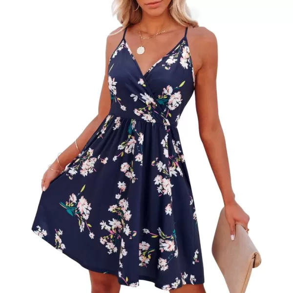 VOTEPRETTY Women's V-Neck Spaghetti Strap Dress Summer Casual Swing Sundress with Pockets