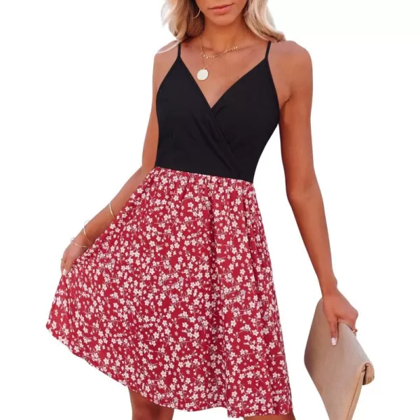 VOTEPRETTY Women's V-Neck Spaghetti Strap Dress Summer Casual Swing Sundress with Pockets
