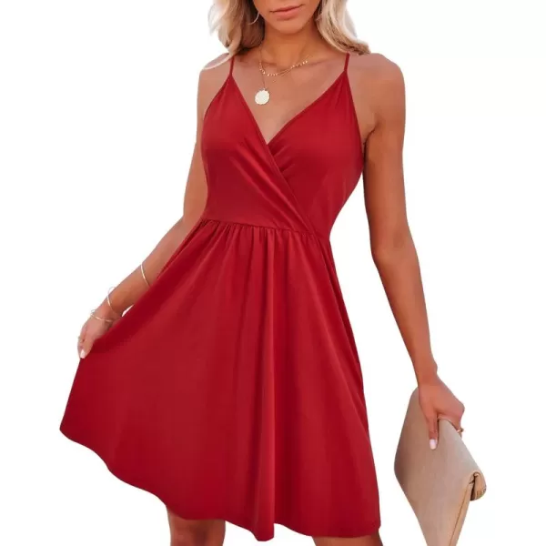 VOTEPRETTY Women's V-Neck Spaghetti Strap Dress Summer Casual Swing Sundress with Pockets
