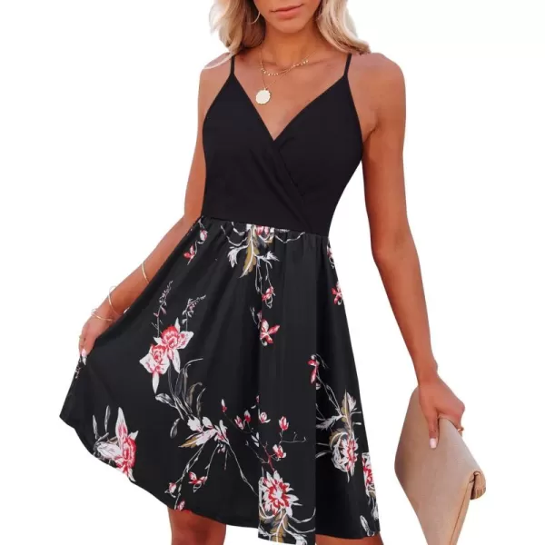 VOTEPRETTY Women's V-Neck Spaghetti Strap Dress Summer Casual Swing Sundress with Pockets