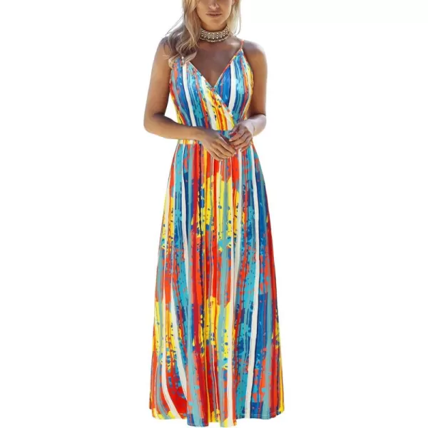 VOTEPRETTY Womens V Neck Wrap Spaghetti Strap Summer Casual Beach Floral Pockets Maxi Dress