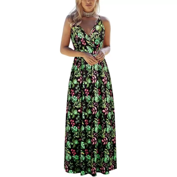 VOTEPRETTY Womens V Neck Wrap Spaghetti Strap Summer Casual Beach Floral Pockets Maxi Dress