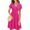 imageVOTEPRETTY Womens Short Sleeve V Neck Wrap Dress Summer Casual Floral Sundress with PocketsHot Pink