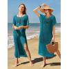 imageVOTEPRETTY Womens Two Piece Cover Ups Sets Crochet Beach Vacation Summer Swimwear Short Sleeve Outfits Split Knit Long DressBlue