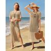 imageVOTEPRETTY Womens Two Piece Cover Ups Sets Crochet Beach Vacation Summer Swimwear Short Sleeve Outfits Split Knit Long DressKhaki