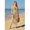 imageVOTEPRETTY Womens Two Piece Cover Ups Sets Crochet Beach Vacation Summer Swimwear Short Sleeve Outfits Split Knit Long DressKhaki