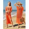 imageVOTEPRETTY Womens Two Piece Cover Ups Sets Crochet Beach Vacation Summer Swimwear Short Sleeve Outfits Split Knit Long DressOrange