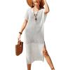 imageVOTEPRETTY Womens Two Piece Cover Ups Sets Crochet Beach Vacation Summer Swimwear Short Sleeve Outfits Split Knit Long DressWhite