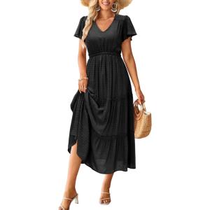 imageVOTEPRETTY Womens 2024 Fashion Summer Maxi Dresses Boho Beach V Neck Flutter Short Sleeve Tiered Long DressBlack