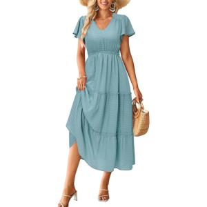 imageVOTEPRETTY Womens 2024 Fashion Summer Maxi Dresses Boho Beach V Neck Flutter Short Sleeve Tiered Long DressBlue Green