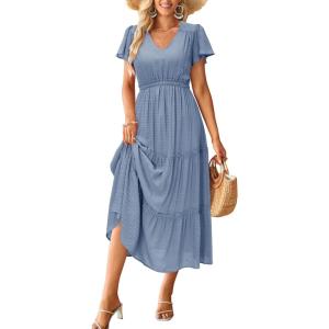 imageVOTEPRETTY Womens 2024 Fashion Summer Maxi Dresses Boho Beach V Neck Flutter Short Sleeve Tiered Long DressBlue Purple