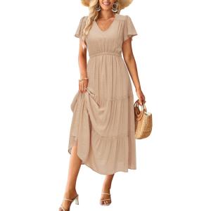 imageVOTEPRETTY Womens 2024 Fashion Summer Maxi Dresses Boho Beach V Neck Flutter Short Sleeve Tiered Long DressDark Apricot