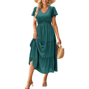 imageVOTEPRETTY Womens 2024 Fashion Summer Maxi Dresses Boho Beach V Neck Flutter Short Sleeve Tiered Long DressGreen