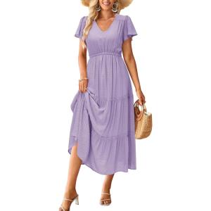 imageVOTEPRETTY Womens 2024 Fashion Summer Maxi Dresses Boho Beach V Neck Flutter Short Sleeve Tiered Long DressLight Purple