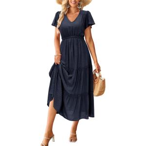 imageVOTEPRETTY Womens 2024 Fashion Summer Maxi Dresses Boho Beach V Neck Flutter Short Sleeve Tiered Long DressNavy