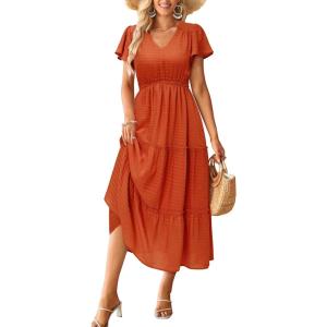 imageVOTEPRETTY Womens 2024 Fashion Summer Maxi Dresses Boho Beach V Neck Flutter Short Sleeve Tiered Long DressOrange