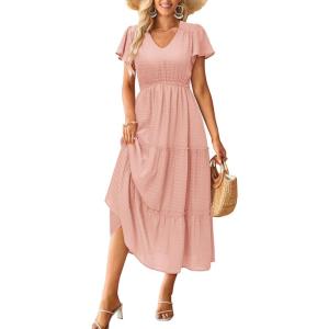 imageVOTEPRETTY Womens 2024 Fashion Summer Maxi Dresses Boho Beach V Neck Flutter Short Sleeve Tiered Long DressPink
