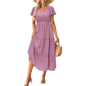 imageVOTEPRETTY Womens 2024 Fashion Summer Maxi Dresses Boho Beach V Neck Flutter Short Sleeve Tiered Long DressRose Pink