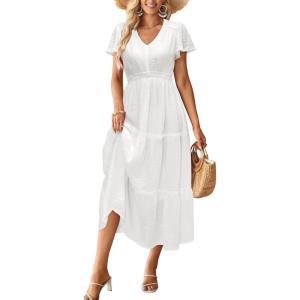 imageVOTEPRETTY Womens 2024 Fashion Summer Maxi Dresses Boho Beach V Neck Flutter Short Sleeve Tiered Long DressWhite