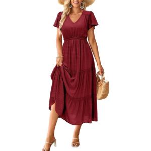 imageVOTEPRETTY Womens 2024 Fashion Summer Maxi Dresses Boho Beach V Neck Flutter Short Sleeve Tiered Long DressWine