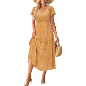 imageVOTEPRETTY Womens 2024 Fashion Summer Maxi Dresses Boho Beach V Neck Flutter Short Sleeve Tiered Long DressYellow Orange