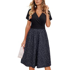 imageVOTEPRETTY Womens Short Sleeve V Neck Wrap Dress Summer Casual Floral Sundress with PocketsBlack Floral Polka Dot