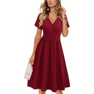 imageVOTEPRETTY Womens Short Sleeve V Neck Wrap Dress Summer Casual Floral Sundress with PocketsDark Redshort Sleeve