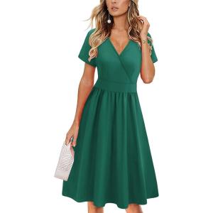 imageVOTEPRETTY Womens Short Sleeve V Neck Wrap Dress Summer Casual Floral Sundress with PocketsForest Dark Green