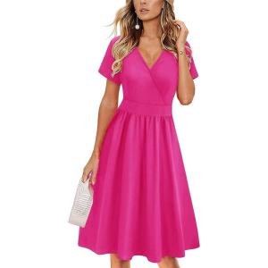 imageVOTEPRETTY Womens Short Sleeve V Neck Wrap Dress Summer Casual Floral Sundress with PocketsHot Pink
