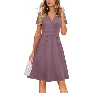 imageVOTEPRETTY Womens Short Sleeve V Neck Wrap Dress Summer Casual Floral Sundress with PocketsPurple