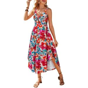 imageVOTEPRETTY Womens Summer Maxi Dresses 2024 Spring Sundressess Beach Vacation Hawaiian Tropical Outfit Floral ClothesApricot Red Floral