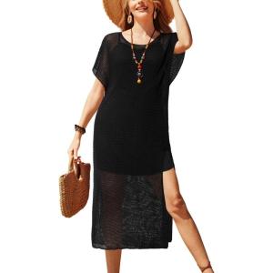 imageVOTEPRETTY Womens Two Piece Cover Ups Sets Crochet Beach Vacation Summer Swimwear Short Sleeve Outfits Split Knit Long DressBlack