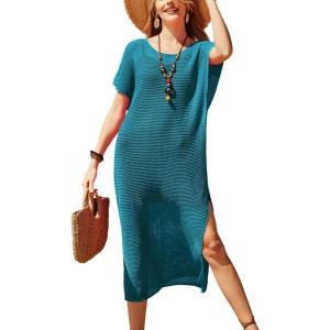 imageVOTEPRETTY Womens Two Piece Cover Ups Sets Crochet Beach Vacation Summer Swimwear Short Sleeve Outfits Split Knit Long DressBlue