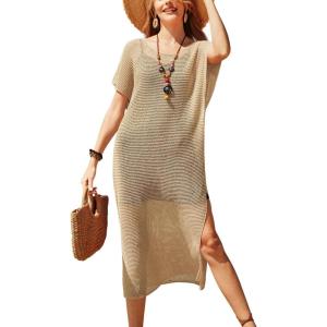 imageVOTEPRETTY Womens Two Piece Cover Ups Sets Crochet Beach Vacation Summer Swimwear Short Sleeve Outfits Split Knit Long DressKhaki