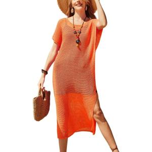 imageVOTEPRETTY Womens Two Piece Cover Ups Sets Crochet Beach Vacation Summer Swimwear Short Sleeve Outfits Split Knit Long DressOrange