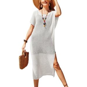 imageVOTEPRETTY Womens Two Piece Cover Ups Sets Crochet Beach Vacation Summer Swimwear Short Sleeve Outfits Split Knit Long DressWhite