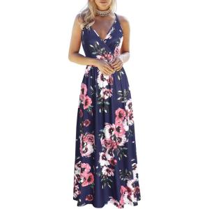 imageVOTEPRETTY Womens V Neck Wrap Spaghetti Strap Summer Casual Beach Floral Pockets Maxi DressFloral01