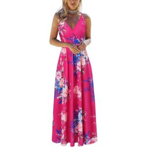 imageVOTEPRETTY Womens V Neck Wrap Spaghetti Strap Summer Casual Beach Floral Pockets Maxi DressFloral12