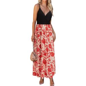 imageVOTEPRETTY Womens V Neck Wrap Spaghetti Strap Summer Casual Beach Floral Pockets Maxi DressFlorala